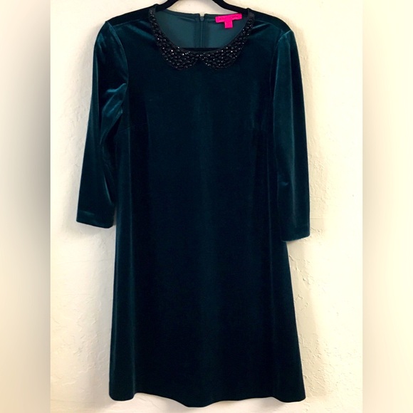 Betsey Johnson Velvet Beaded Collar Dress 6 Green Stretch Evening - Picture 1 of 8